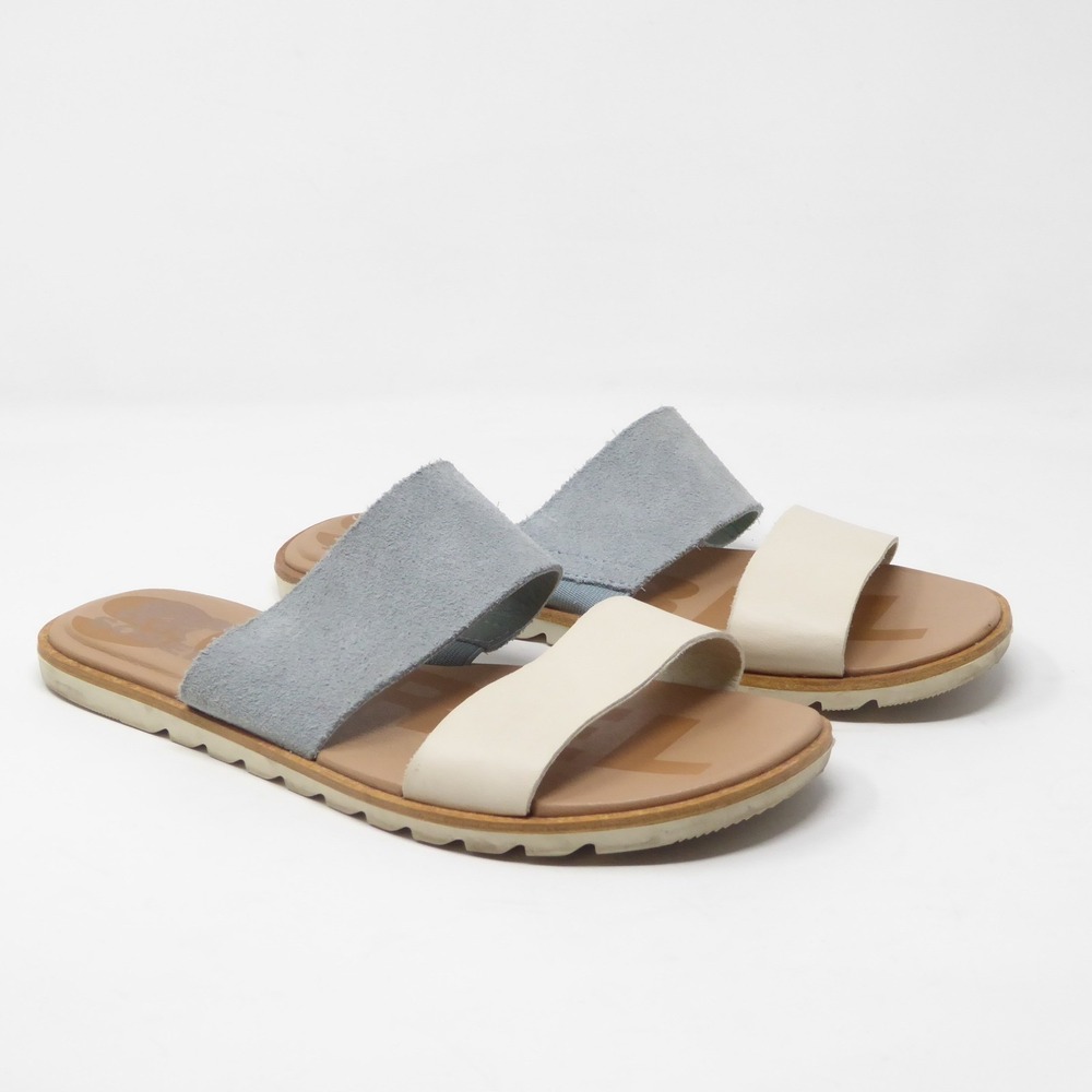 Sorel Ella II Slide Sandals Women's 6.5 Beige Blue Suede Leather Comfort Flat